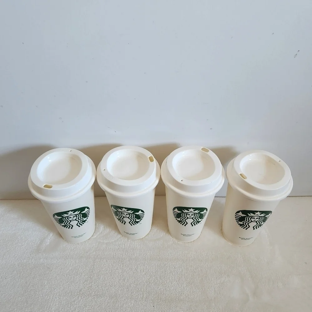 Starbucks 4 Pack Reusable Travel Cold Hot Creamy White Cups With Lids 16 Oz